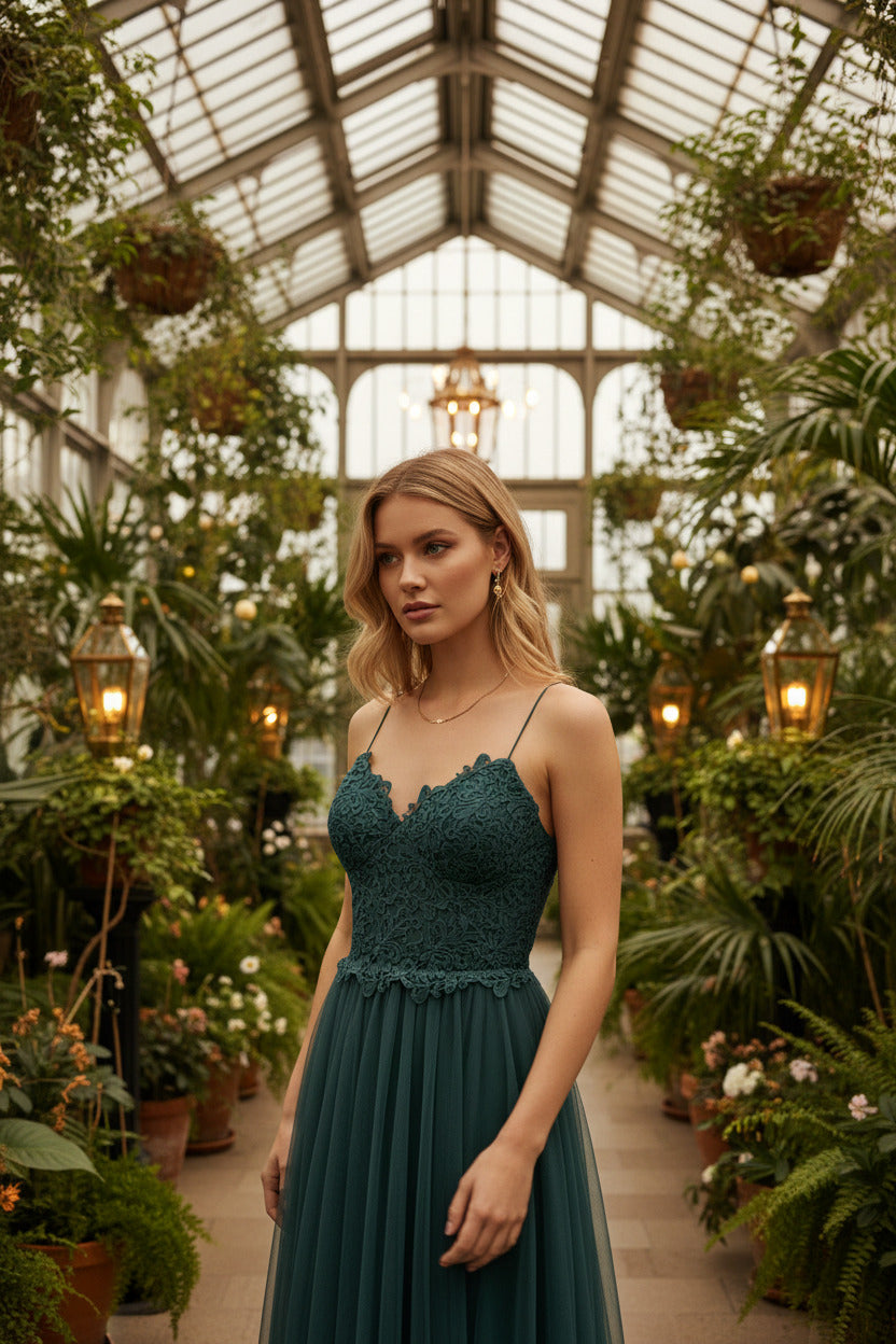 Robe de cérémonie Tulle/dentelle, Vert Emeraud, SECONDE MAIN
