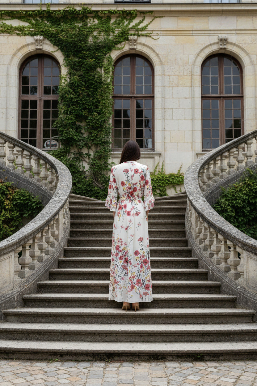 Robe cérémonie, crème fleurie, SECONDE MAIN