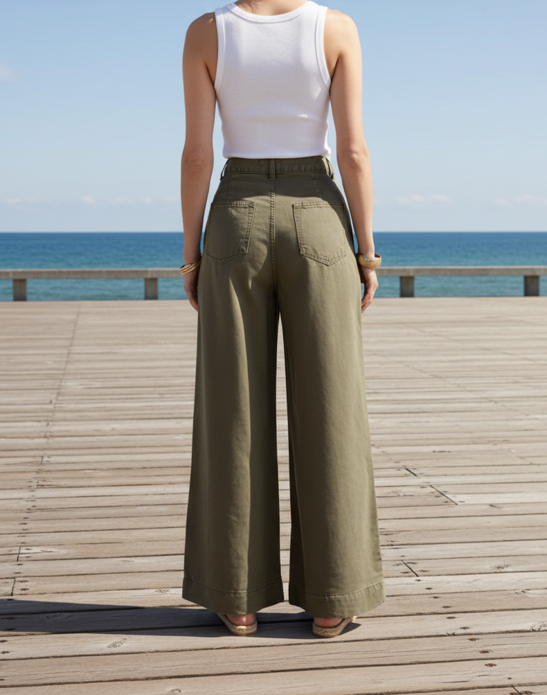 Pantalon style palazzo, fluide Kaki