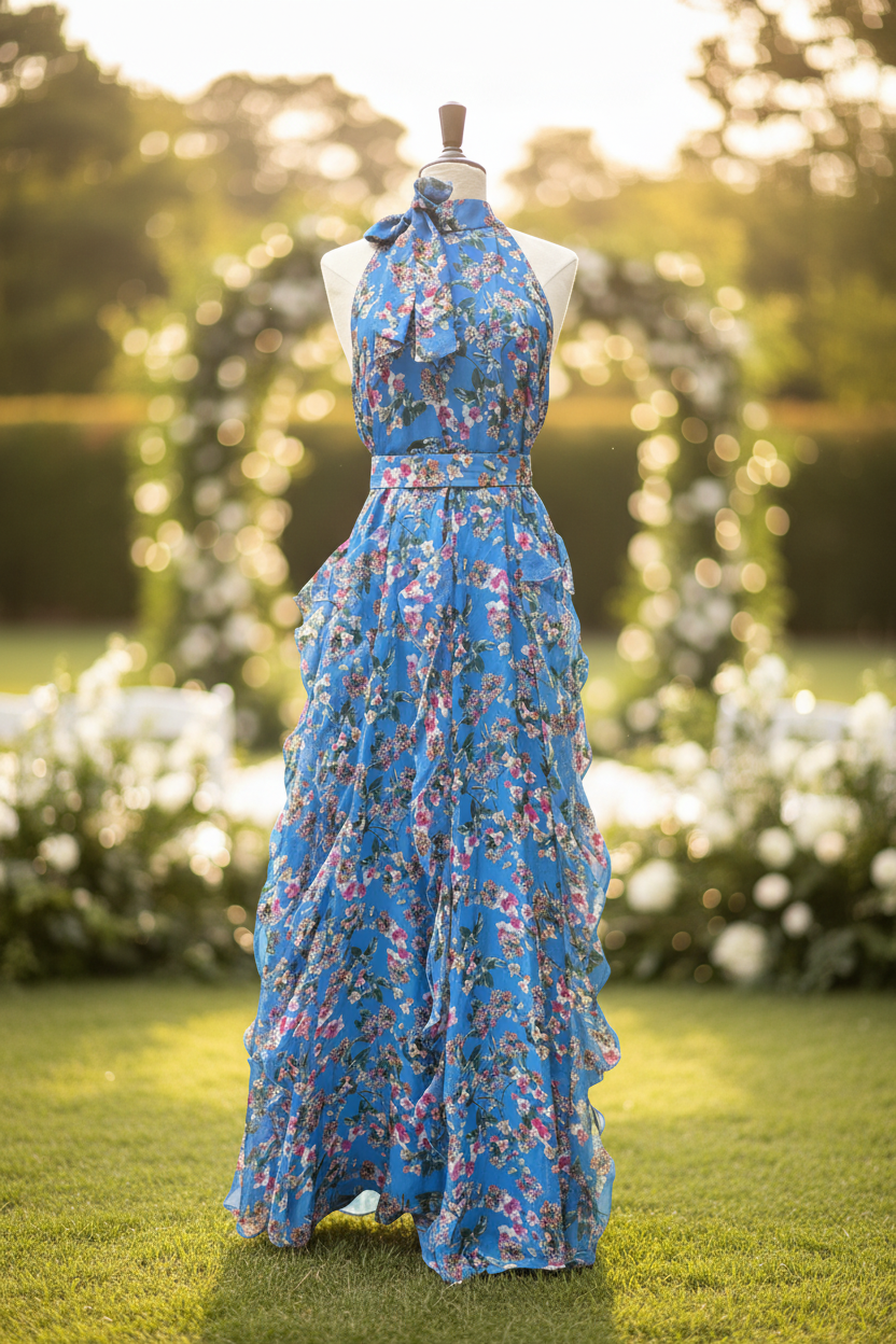 Robe de cérémonie, Bleue à fleurs, SECONDE MAIN