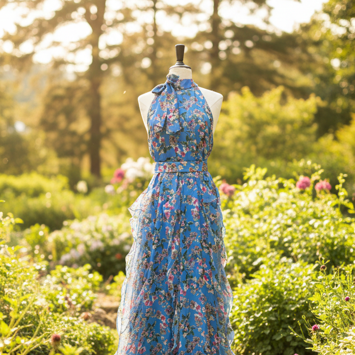 Robe de cérémonie, Bleue à fleurs, SECONDE MAIN