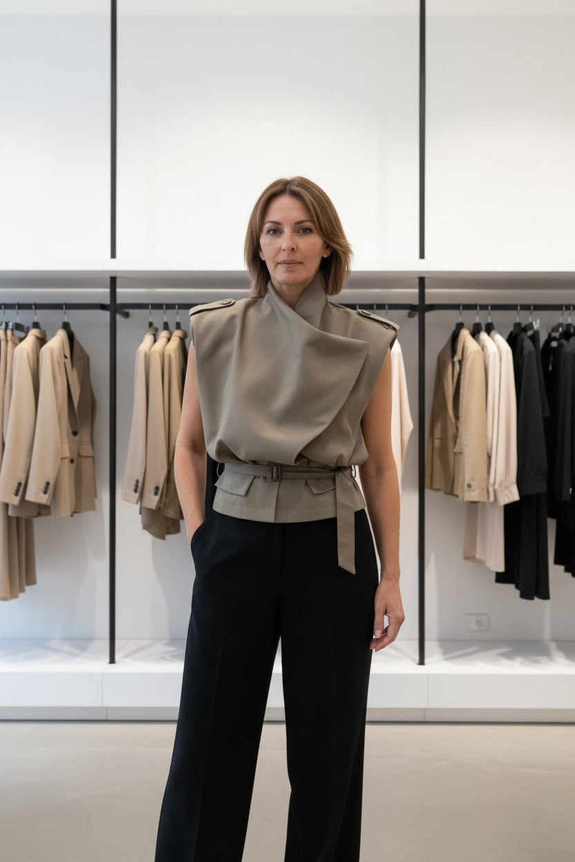 Veste épaulée, col chale, sans manches