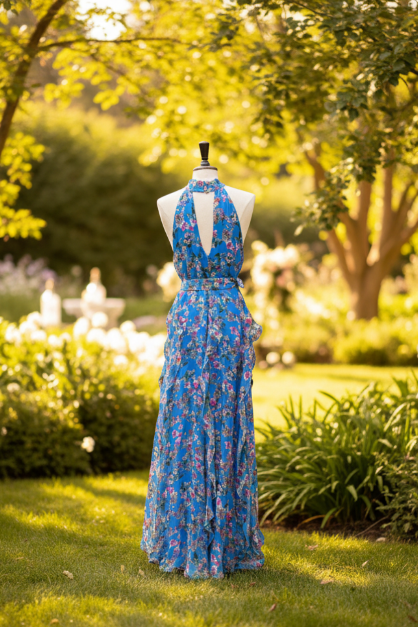 Robe de cérémonie, Bleue à fleurs, SECONDE MAIN