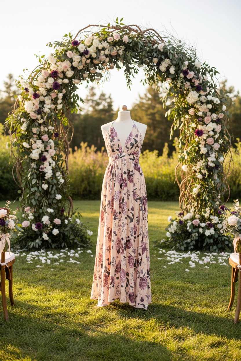 Robe de cocktail, imprimé floral prune, SECONDE MAIN