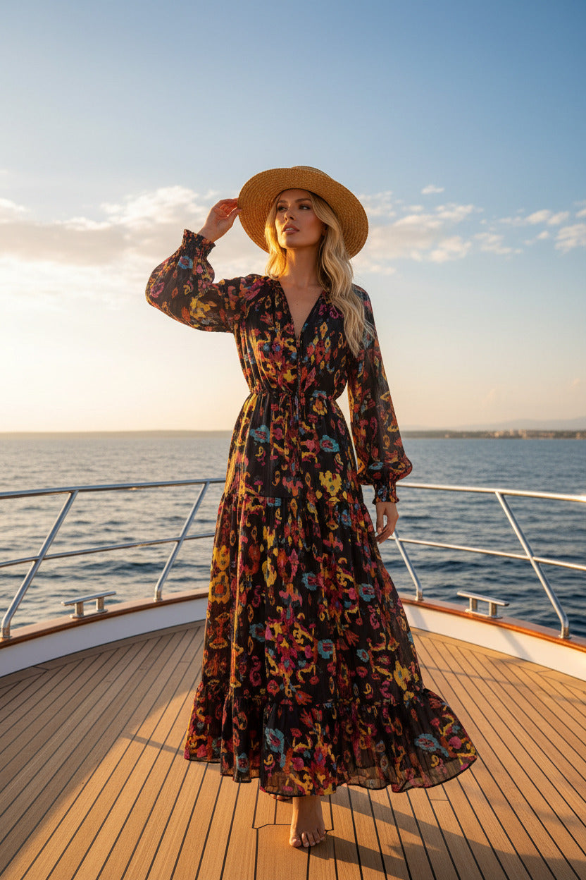 Robe fluide manches longues multicolore, SECONDE MAIN