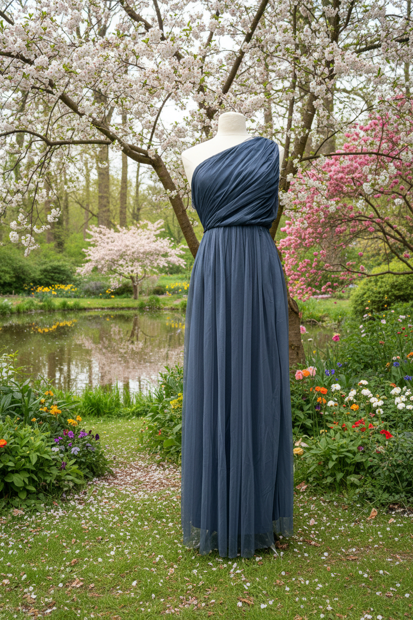 Robe de cérémonie, drapée bleue marine, en tulle plissé SECONDE MAIN