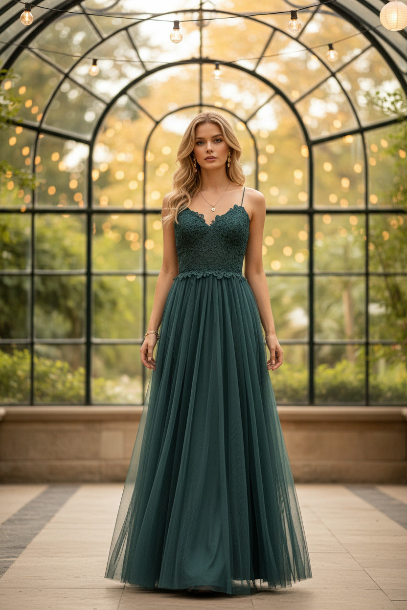 Robe de cérémonie Tulle/dentelle, Vert Emeraud, SECONDE MAIN