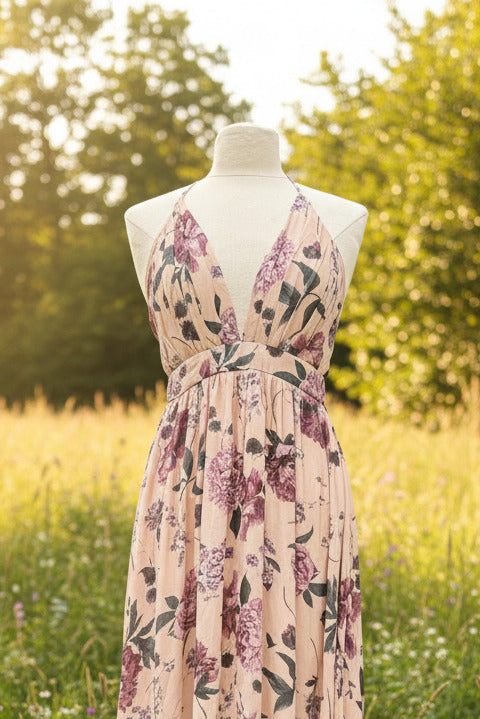 Robe de cocktail, imprimé floral prune, SECONDE MAIN