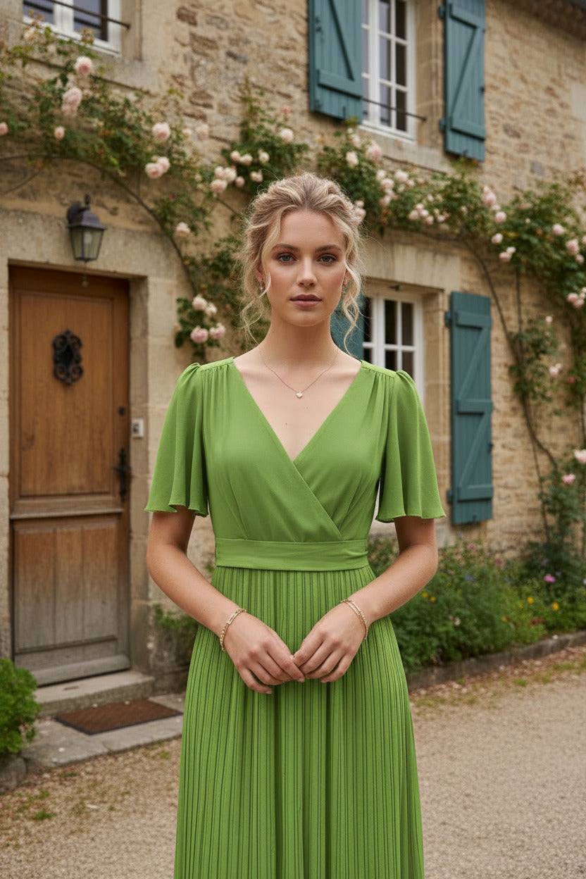 Robe de  demoiselle d'honneur, Cache Coeur plissée vert pomme, SECONDE MAIN