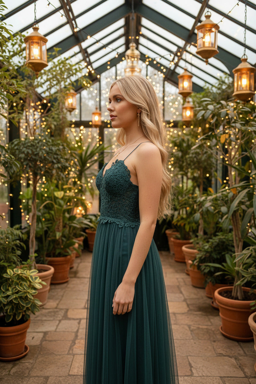 Robe de cérémonie Tulle/dentelle, Vert Emeraud, SECONDE MAIN