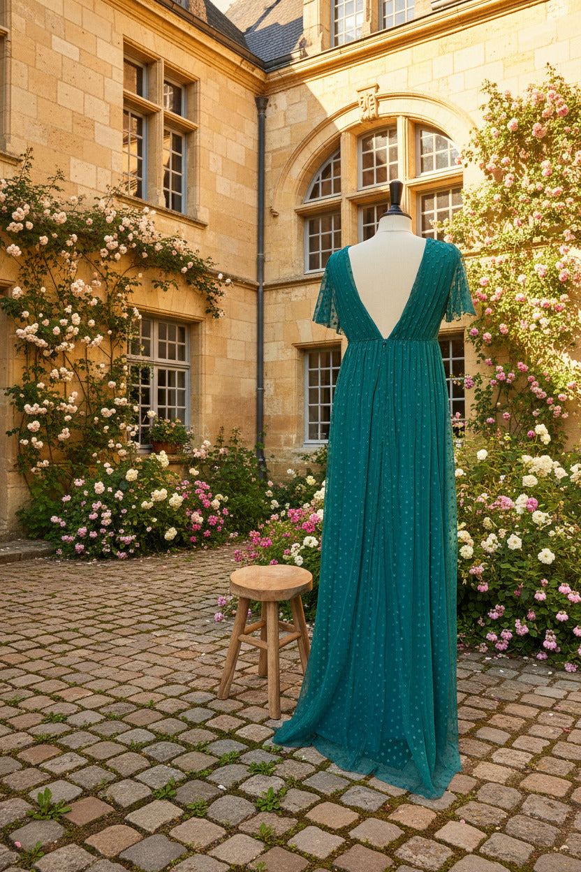 Robe Longue en Tulle Bleu Canard, SECONDE MAIN