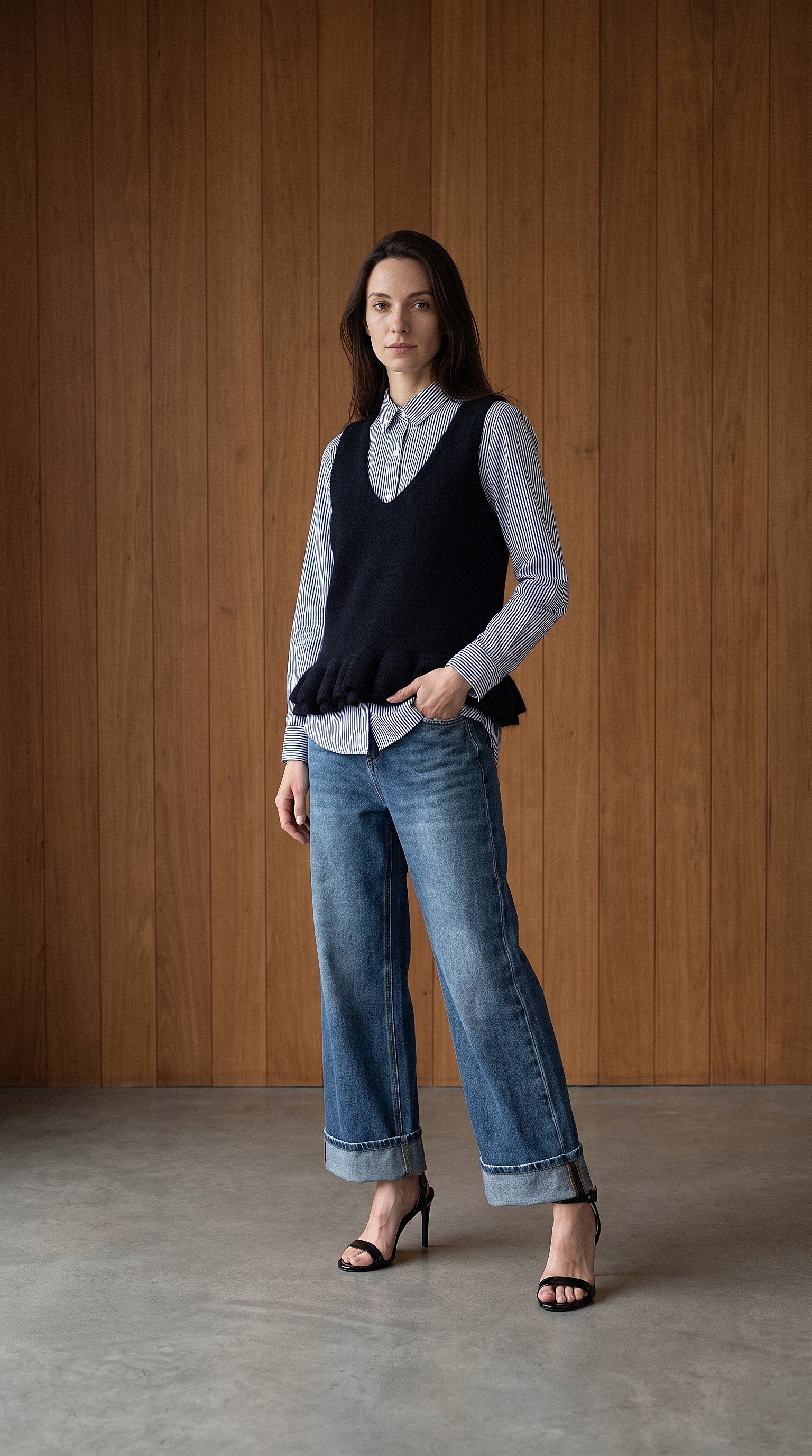 Chemise rayée et pull sans manches avec jean large à revers