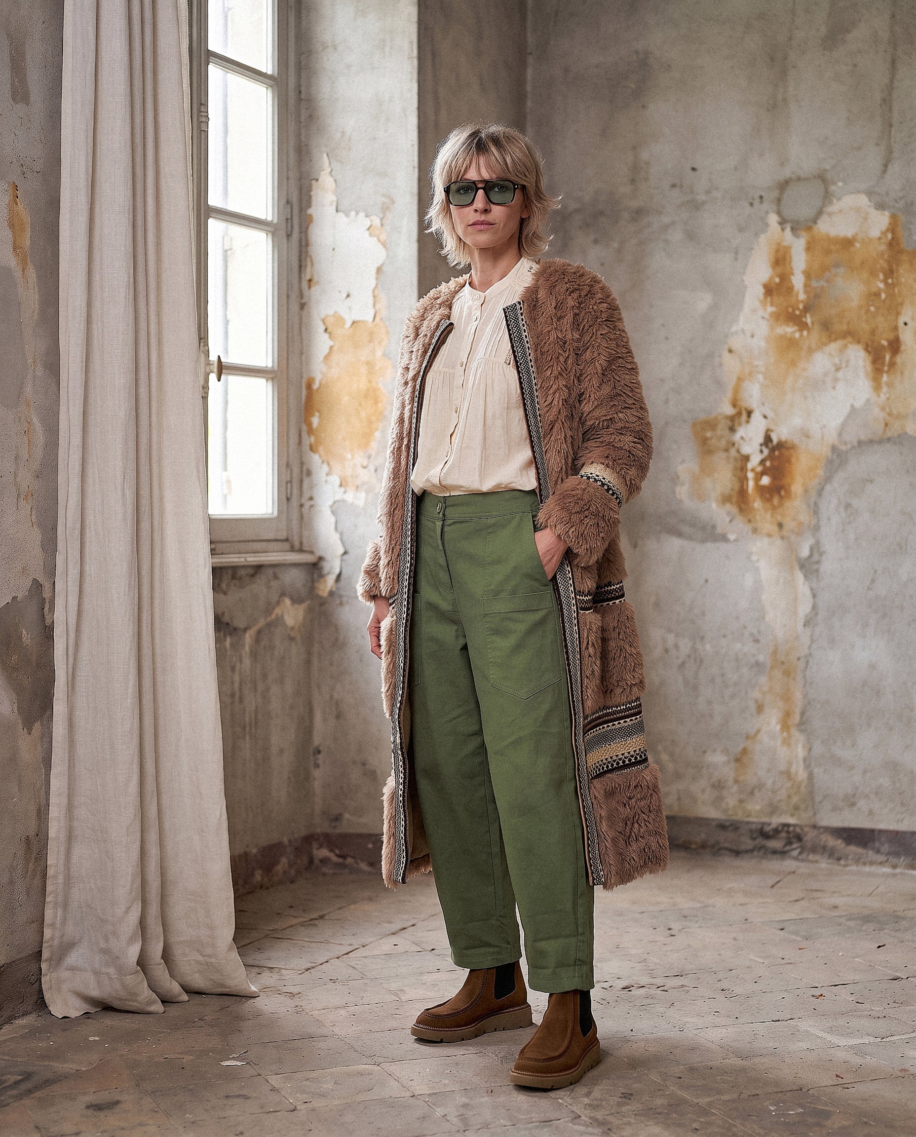 Manteau texturé camel, blouse écrue et pantalon kaki avec bottines marron